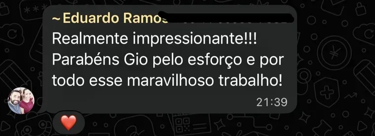 Print da mensagem de Eduardo Ramos: Realmente impressionante!!! Parabéns, Gio, pelo esforço e por todo esse maravilhoso trabalho!