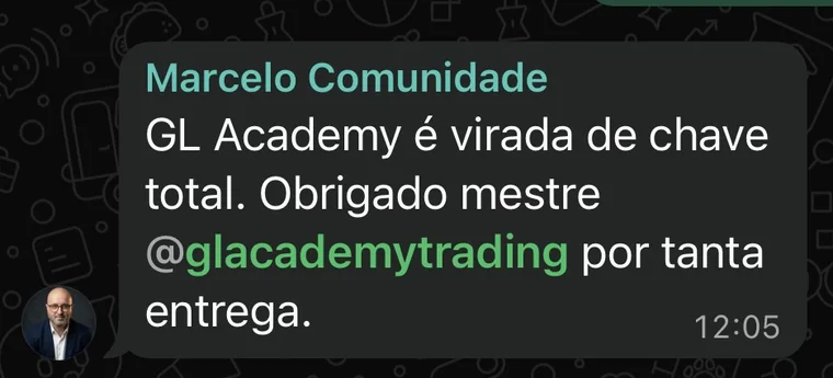 Print da mensagem de Marcelo Ribeiro: GL Academy é virada de chave total. Obrigado, mestre, por tanta entrega.
